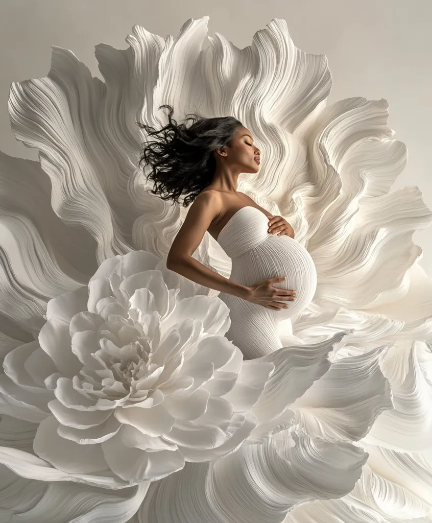 A pregnant woman with long black hair stands in the center of a large, white, paper flower. She is wearing a white, strapless dress and is holding her stomach. The flower petals are flowing around her, creating a soft and ethereal look. The image is a beautiful and delicate portrayal of motherhood and the beauty of the human form.