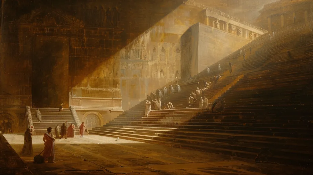 The painting depicts a grand, ancient structure with a long staircase leading up to an imposing doorway. Sunlight streams in from the right, casting long shadows across the stone steps. A group of figures, likely pilgrims or worshippers, ascend the steps, their forms barely visible in the hazy light. The scene conveys a sense of awe and reverence, suggesting a sacred or important place. The artist's skillful use of light and shadow adds depth and drama to the composition.