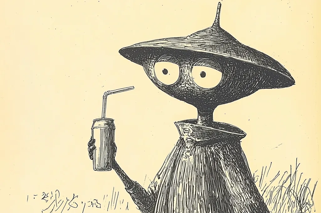A black and white line drawing of a strange creature with a large, flat head and wide eyes. The creature is wearing a long, black cloak and a wide-brimmed hat, and it is holding a can of soda with a straw. The image is drawn in a simple, cartoonish style. The background is a pale yellow color.