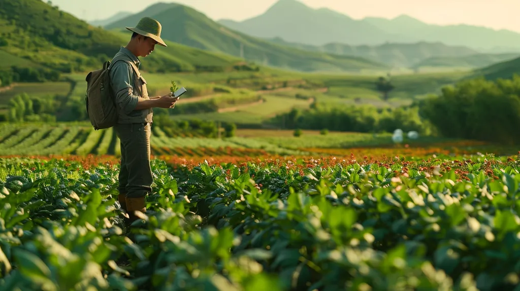 A man in a straw hat and a backpack stands in a field of green plants, looking at something in his hand. He is surrounded by lush greenery and rolling hills in the distance. The sun shines brightly, casting a warm glow on the scene.