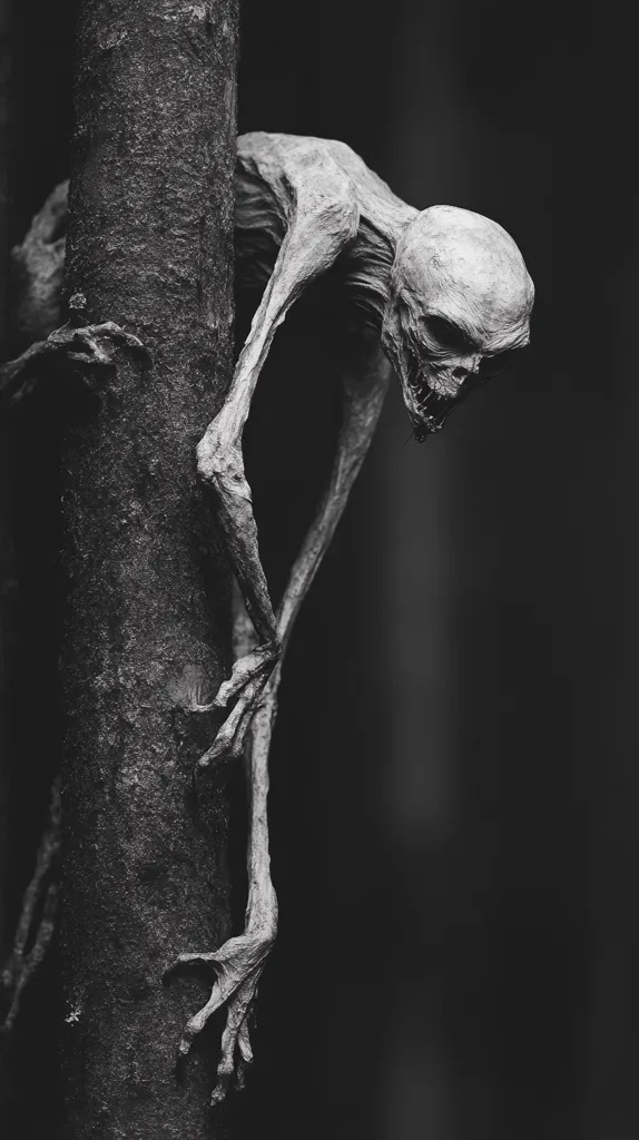 A black and white image of a skeletal, humanoid figure clinging to a tree trunk. Its long, thin limbs and skeletal features create a sense of unease and horror. The figure's head is turned downwards, its eyes are hollow, and its mouth is open in a silent scream. The background is dark and shadowy, adding to the eerie atmosphere. The image evokes a sense of fear and the unknown.