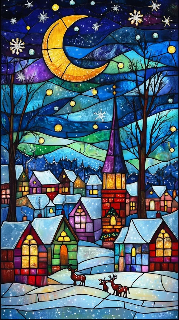 A stained glass depiction of a winter night scene. A crescent moon hangs in the night sky, studded with stars. A small village of snow-covered houses sits below, including a prominent church with a steeple. Two deer stand in the foreground. The colorful, intricate design suggests a festive, magical feel.