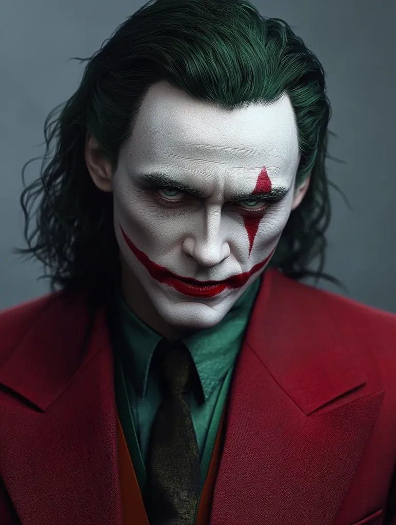 The image shows a man with long dark green hair, wearing a red suit, white shirt, green vest and black tie. He has white makeup on his face and a red diamond shaped mark on his right cheek. He is looking at the camera with a sinister expression.  He has red lipstick on his lips.  The background is a plain grey.