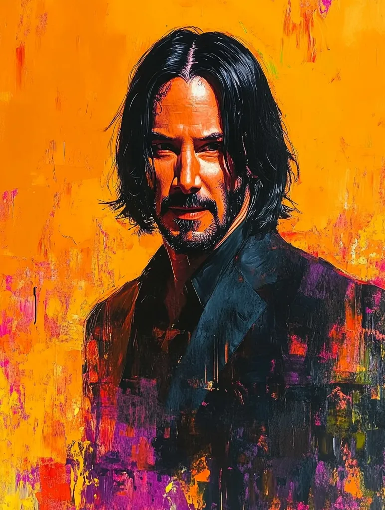 A portrait of Keanu Reeves with a serious expression. The painting has a bold style with abstract elements in the background. Reeves is painted in a dark color against a bright, orange-yellow background, creating a strong visual contrast. The painting is textured and dynamic, capturing the intensity of the subject.