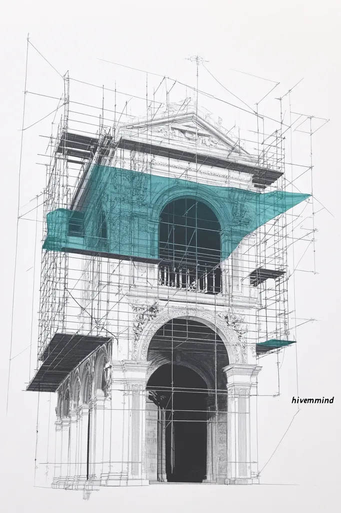The image is a black and white line drawing of an ornate building facade covered in scaffolding. The scaffolding is detailed and intricate, creating a grid-like pattern over the building. A turquoise blue tarp covers the top portion of the building, partially obscuring the architectural details. The image is a simple yet striking portrayal of construction and the transformation of a building. The artist's signature, "hivemind", is written in the bottom right corner.