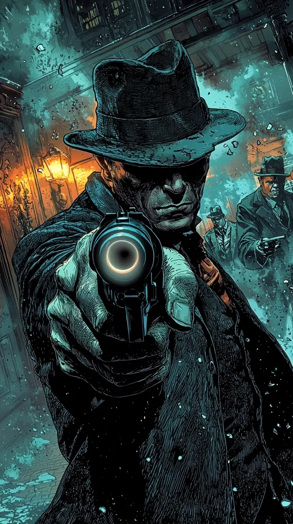 A man in a fedora and a long coat is pointing a gun directly at the viewer. His expression is serious and his eyes are hidden in the shadows of his hat. He stands in a dark, shadowy alleyway with other men in the background. The image is drawn in a gritty, realistic style. The scene is tense and dangerous.