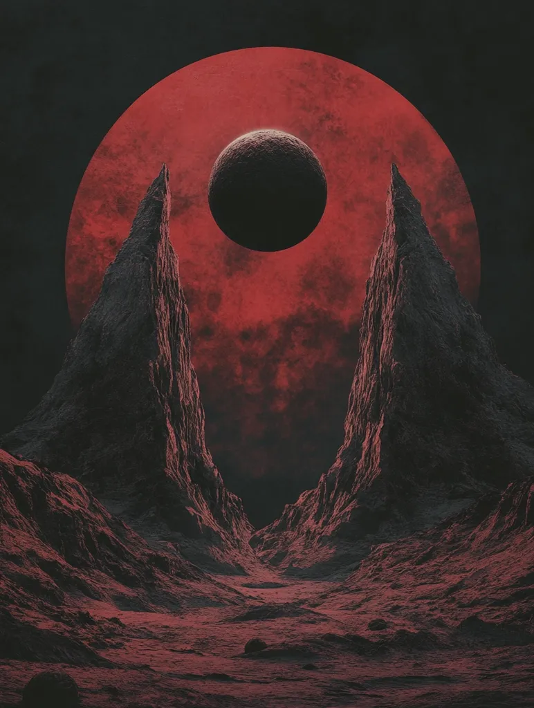 The image depicts a dark and desolate landscape with two tall, jagged mountains rising from a reddish-brown terrain. A large, blood-red moon dominates the sky, with a smaller, dark gray moon orbiting it. The scene is ominous and otherworldly, with a sense of isolation and mystery. The dominant colors are deep reds and blacks, enhancing the image's brooding atmosphere.