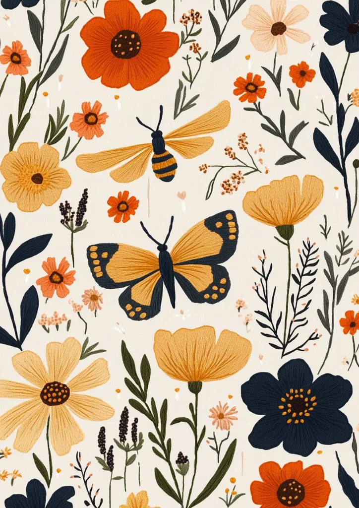 The image is a whimsical floral pattern featuring a variety of flowers and insects, all rendered in a hand-stitched style. It depicts a vibrant, summery scene with large, colorful blooms, delicate leaves, and a butterfly and bee flitting amongst the plants. The background is a warm, cream color, which highlights the vivid hues of the flowers and insects. The overall effect is one of cheerful beauty and delicate detail.