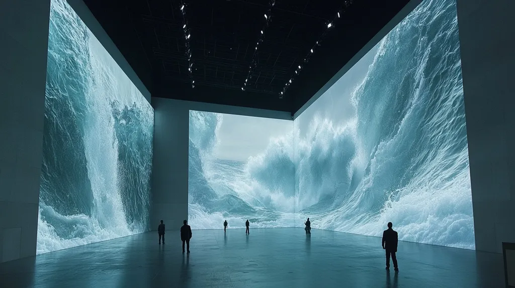 The image shows a large, empty room with four walls covered in massive screens displaying a mesmerizing ocean scene. Powerful waves crash against the screens, creating a sense of awe and scale.  The room is dimly lit, with only a few spotlights illuminating the screens and a small group of people standing in the center of the room, dwarfed by the grandeur of the waves. The image captures a feeling of wonder and the power of nature.