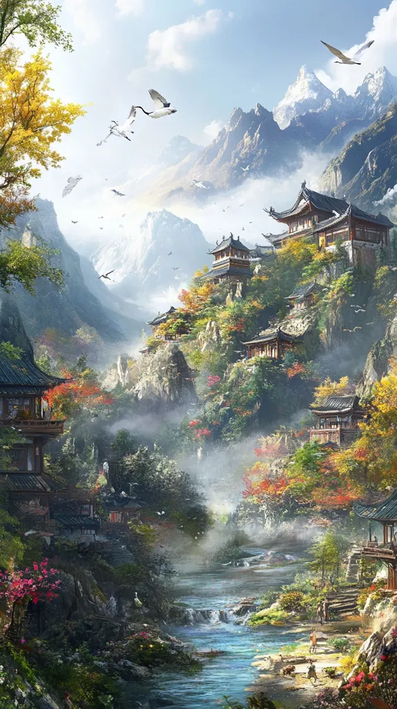 A picturesque scene of a traditional Chinese village nestled amidst towering mountains and lush greenery. White cranes soar through the misty sky, while a winding river flows through the valley below. The village buildings are adorned with intricate details and surrounded by vibrant autumn foliage. The image exudes a sense of tranquility and serenity.