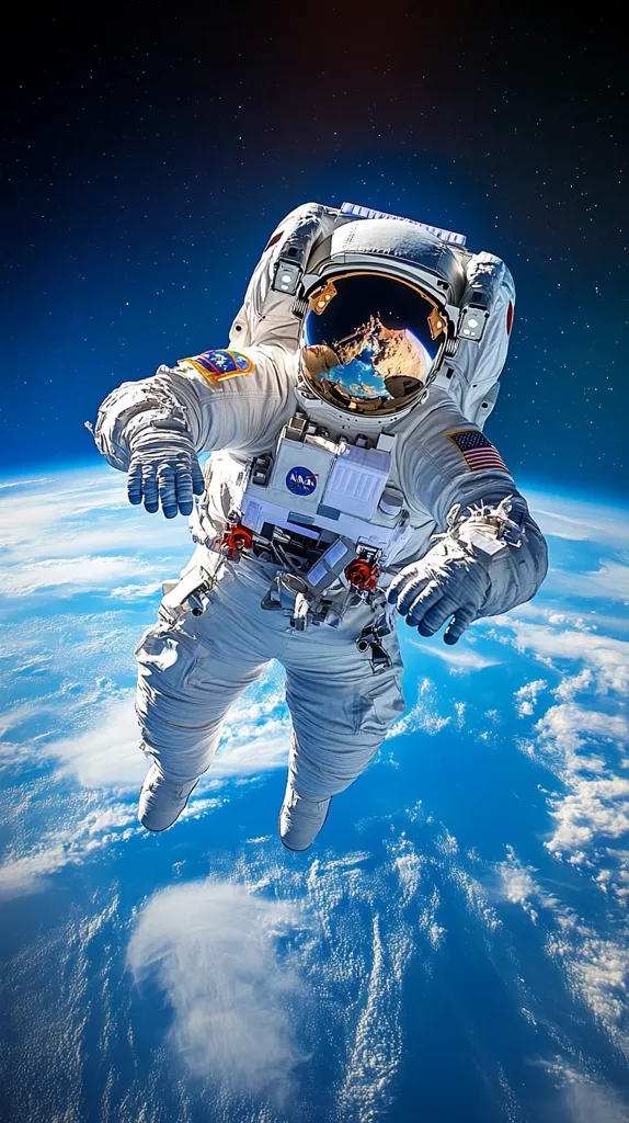An astronaut, clad in a white spacesuit with an American flag patch, floats weightlessly in space. His visor reflects the blue and white Earth below, which is covered in wispy clouds. The astronaut's gloved hands are outstretched, and he appears to be gazing down at the planet. The background is a deep, star-filled black.  The image evokes a sense of awe and wonder at the vastness of space.