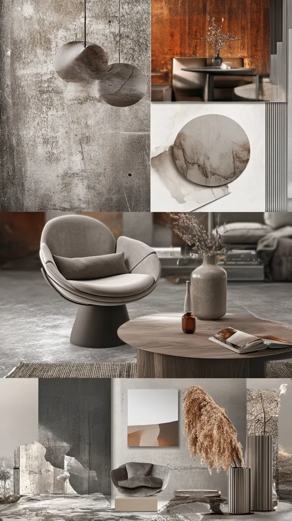 A collage of interior design elements featuring a gray concrete wall with a unique light fixture, a plush gray lounge chair with a wooden base, a round coffee table with a magazine, a vase with dried flowers, and a modern painting. The overall style is minimalist and contemporary with a muted color palette.