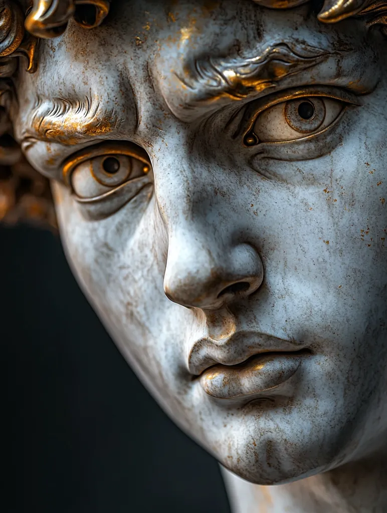 A close-up of a marble sculpture depicting a man's face. The sculpture is detailed, with visible wrinkles and a slightly furrowed brow, creating a look of contemplation or concern. The eyes are open, staring directly at the viewer, while the lips are slightly parted as if in the middle of speaking. The sculpture is illuminated by a soft light, highlighting the texture of the marble and adding a sense of depth. The background is dark, drawing attention to the intricate details of the face.
