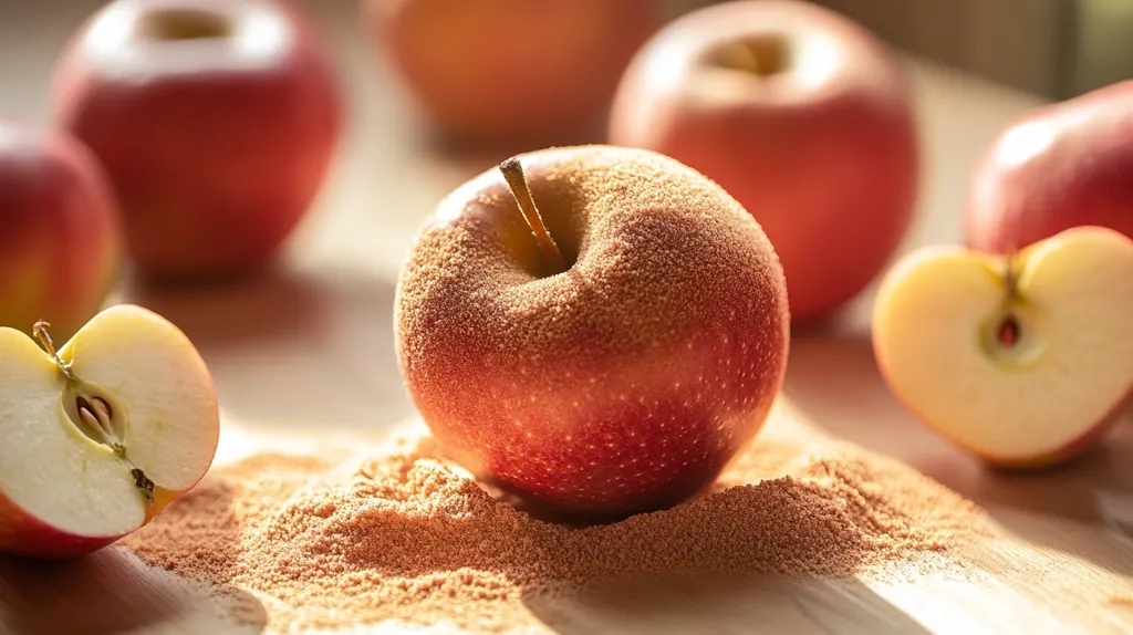 The image shows a group of red apples, some whole and some cut in half, scattered on a table covered in light brown powder. The apples are smooth and shiny, with a slight dusting of the powder on their surfaces. The lighting is bright and warm, highlighting the red tones of the apples. The overall composition creates a natural and inviting scene.