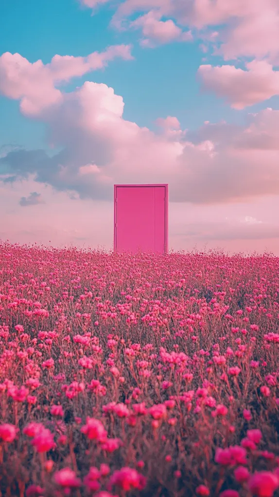A single, bright pink door stands tall in a field of vibrant pink wildflowers. The sky above is a soft blend of blue and pink, with fluffy clouds adding to the dreamlike atmosphere. The scene is a captivating juxtaposition of color and form, evoking a sense of wonder and possibility.