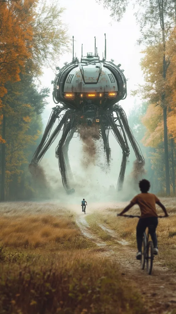 A large, mechanical spider-like vehicle stands in a field, its legs kicking up dirt and dust. A lone cyclist rides away from the machine on a dirt path, while another cyclist watches from behind. The scene is set in a forest clearing, with trees in the background. The image evokes a sense of awe and danger.