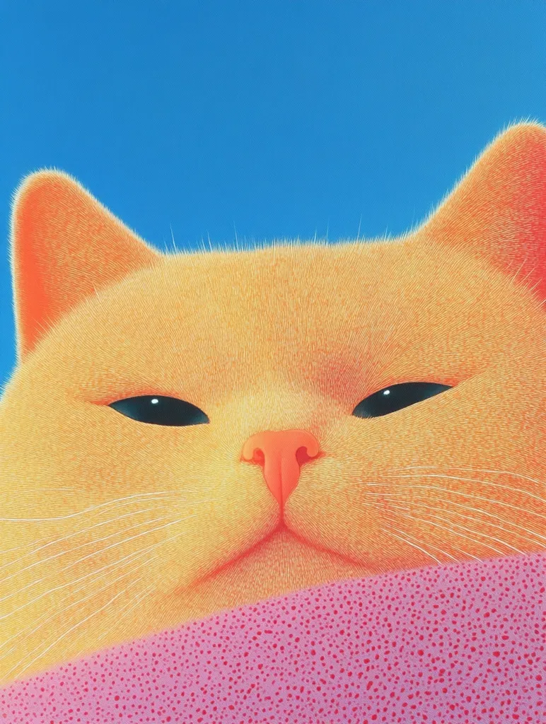 A close-up image of a ginger cat's face. The cat is looking at the viewer with a serious expression. The cat's fur is a bright orange color and its nose is pink. The cat's whiskers are long and thin. The cat is lying on a pink textured surface. The background is a bright blue.  The image has a cartoon-like feel.