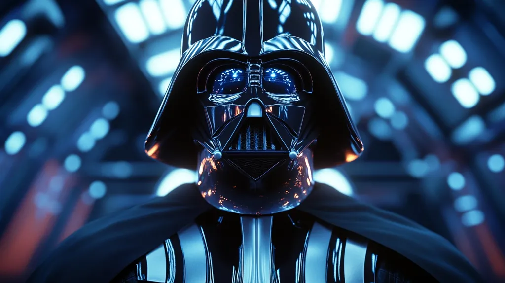 Darth Vader is seen standing in a dimly lit room with blue and orange lighting. His iconic black helmet is prominently displayed, with only his glowing red eyes visible. The background is blurry and features a grid-like structure, adding a sense of mystery to the scene. The image captures the intimidating presence of the dark lord of the Sith.