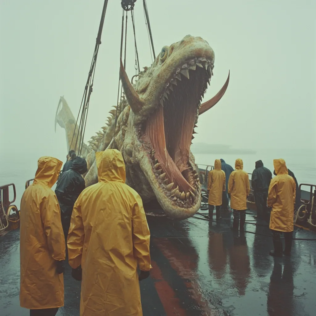 A large, monstrous creature with a gaping maw and sharp teeth is being lifted onto a ship.  The creature is grey and white with a long, slender body.  It is being held aloft by cables attached to a crane. Several figures in yellow raincoats stand on the ship deck watching the creature being lifted. The scene is set in a foggy, overcast day. The creature appears to be a mythical creature, perhaps a dragon or sea monster. It's hard to say for sure because its features are so grotesque and exaggerated, but it's clearly a work of fantasy.  There is an air of awe and wonder mixed with a touch of trepidation in the image.