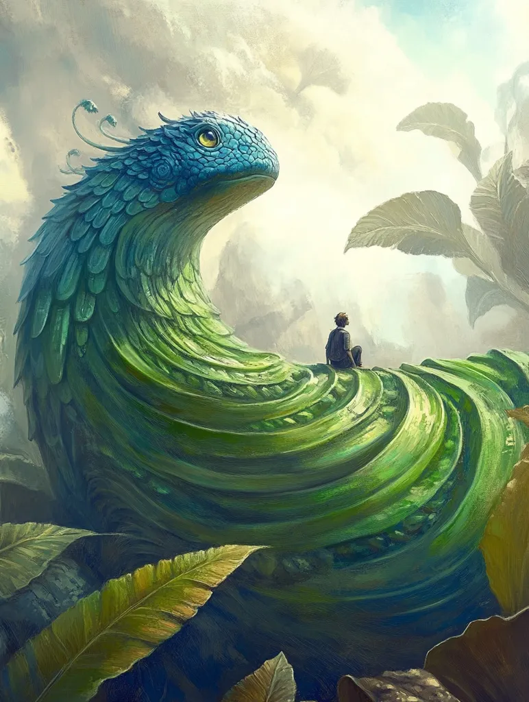 A large, green, serpentine creature with blue scales and a yellow eye curves into a spiral shape. A human figure sits atop the creature, gazing upward towards a cloudy sky. Lush green leaves and foliage surround the creature, creating a sense of mystery and wonder. The overall image evokes a feeling of fantasy and adventure.