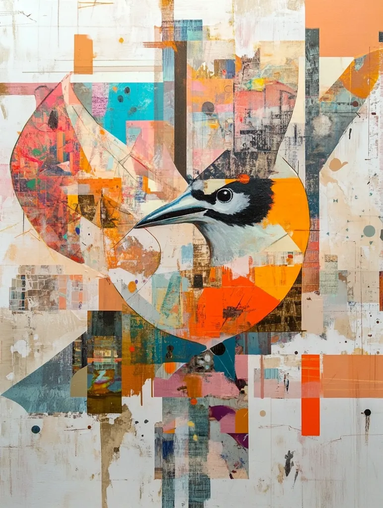 The painting is an abstract interpretation of a bird, possibly a woodpecker. The bird's head and beak are prominent, rendered in a realistic style, while the rest of the body is broken down into geometric shapes and color blocks. The background is a chaotic mix of  orange, brown, and blue hues, suggesting a natural environment. The overall effect is dynamic and energetic, capturing the essence of the bird in a bold and expressive way.