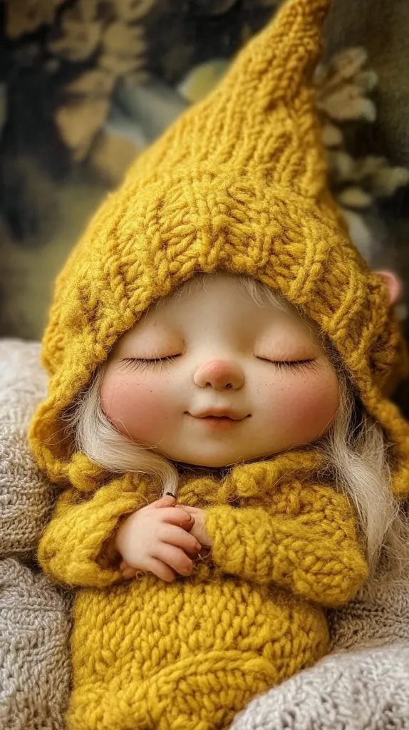 A handmade doll with a knitted yellow hat and matching outfit is lying on a blanket. The doll's eyes are closed, and its face has a peaceful expression. The doll's skin is pale, and its hair is long and white. The doll's hands are clasped together in front of its chest. The doll is surrounded by soft, fuzzy fabric.
