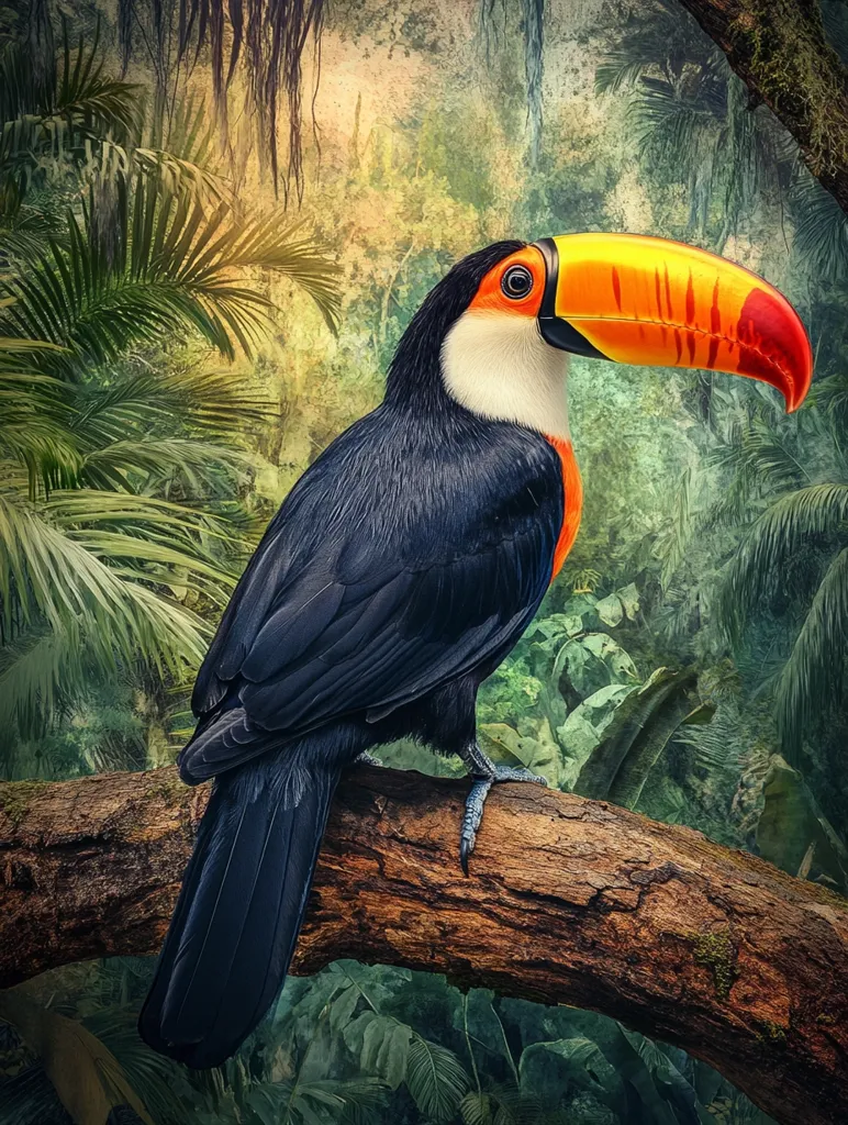 A toucan with a large orange and yellow beak sits on a branch in a lush rainforest. The bird's black feathers are contrasted by its bright beak and white throat. The tropical foliage provides a vibrant backdrop for the toucan.
