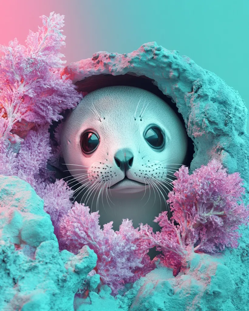 A baby seal peeks out from a rocky crevice, its large, dark eyes gazing curiously. The seal's fur is white and fluffy, and its nose is small and pink. The background is a vibrant mix of pink and blue, with soft coral-like structures framing the scene.  The image evokes a sense of curiosity and wonder.