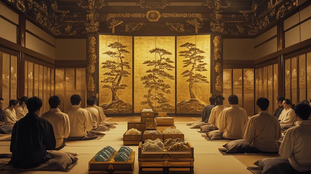 A group of men in traditional Japanese clothing sit in a large, ornately decorated room. The room has a gold leaf ceiling and walls, with sliding doors depicting landscapes.  The men are seated on cushions on a tatami mat floor. The room is centered on a large screen painted with three pine trees on a gold background.  In the center of the floor are a number of wooden boxes arranged in a symmetrical pattern.  The overall atmosphere is one of calm and serenity.