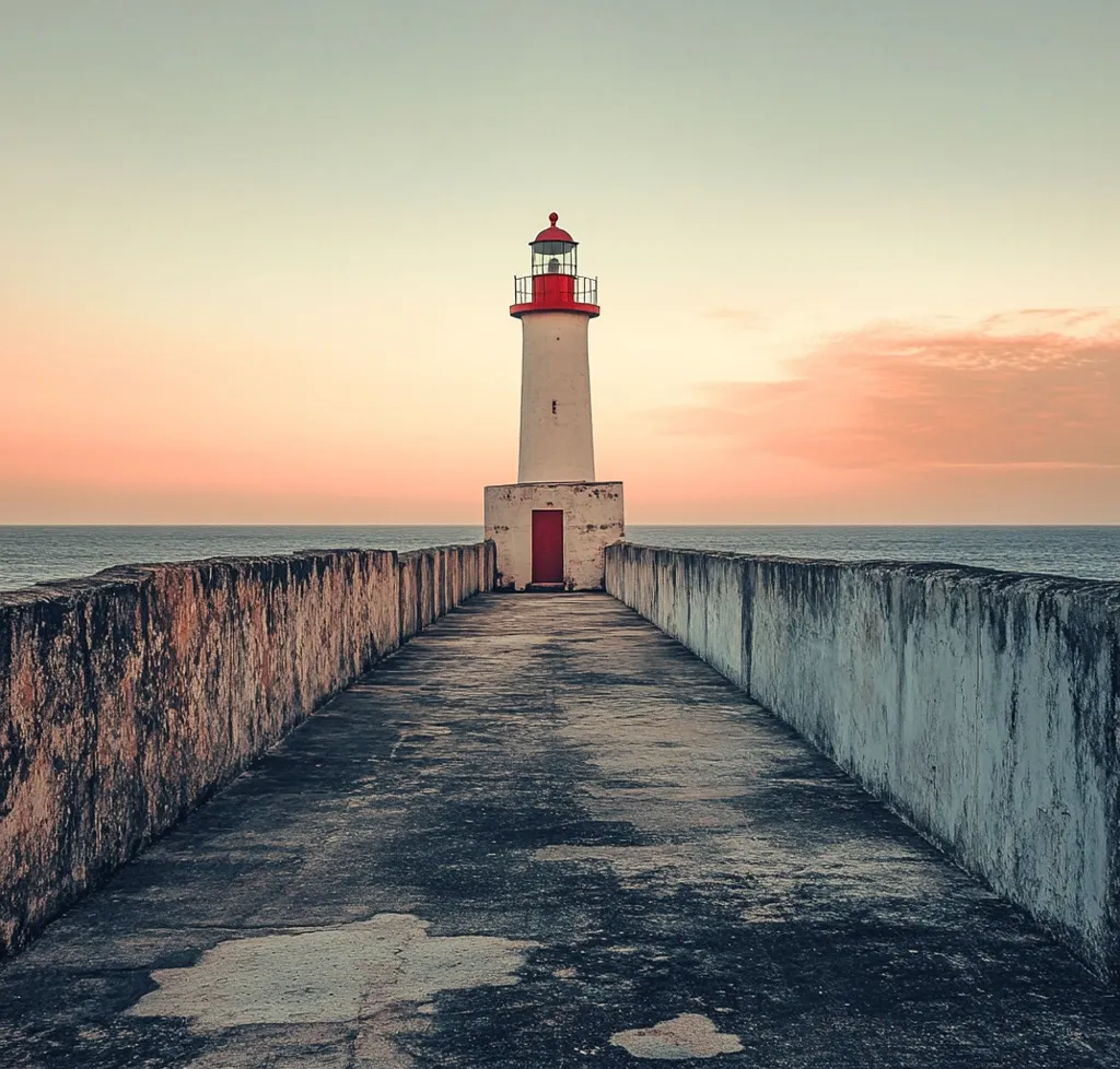 A white lighthouse with a red roof stands tall at the end of a long concrete walkway. The walkway is lined with stone walls on either side, leading towards the lighthouse. The sky is a soft pink and orange, suggesting a beautiful sunset. The ocean stretches out beyond the walkway, appearing calm and serene. The image evokes a sense of tranquility and solitude.