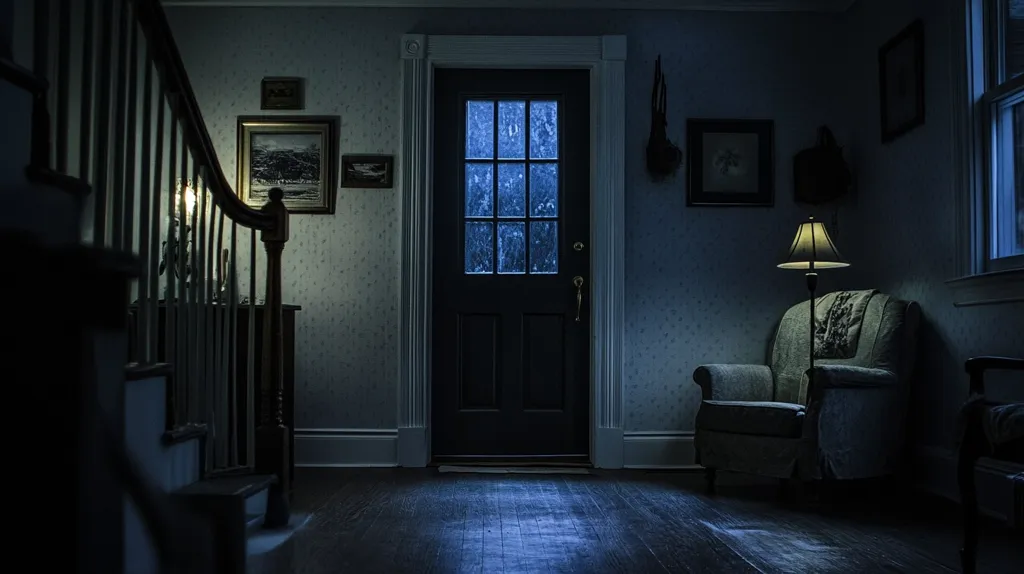 A dimly lit hallway with a staircase on the left, a closed door at the end, and an armchair with a lamp in the corner. The room is decorated with framed pictures and has a vintage feel. Light from the lamp illuminates the chair and the floor, casting long shadows in the surrounding darkness. The image evokes a sense of quietude and mystery.
