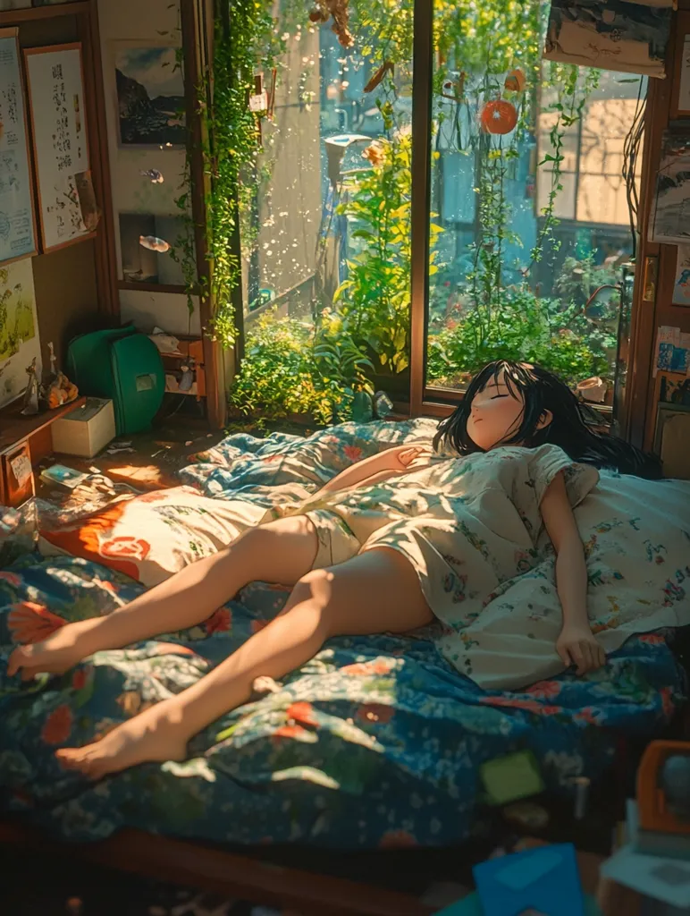 A young woman sleeps peacefully in a bed by a window. The room is decorated with plants, artwork, and other personal touches. Sunlight streams in, illuminating the bed and creating a warm and inviting atmosphere. The woman is wearing a white, floral patterned shirt, and her long black hair is spread out on the pillow.