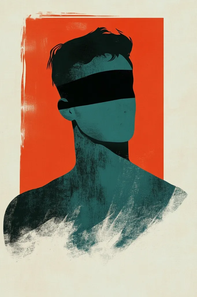 A minimalist illustration of a person's torso with a black band covering their eyes. The figure is rendered in a dark teal against a bright orange background. The image has a textured, distressed look. The subject's blindfolded eyes and the stark contrast between the colors create a sense of mystery and intrigue.  The composition is simple and effective, evoking a feeling of both anonymity and power.