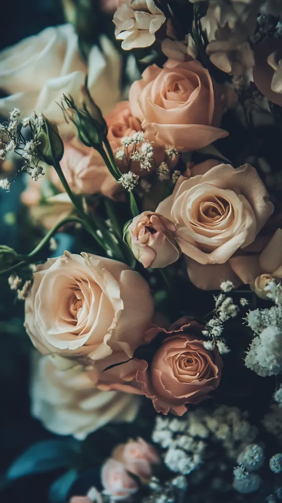 The image features a close-up of a bouquet of soft pink and white roses. The roses are arranged in a cluster, with their petals overlapping and creating a delicate, romantic effect. The soft focus and muted colors create a dreamy atmosphere. The background is a dark green, which makes the roses stand out even more. Tiny white flowers are scattered throughout the bouquet, adding a touch of whimsy. The overall effect is one of beauty and serenity.