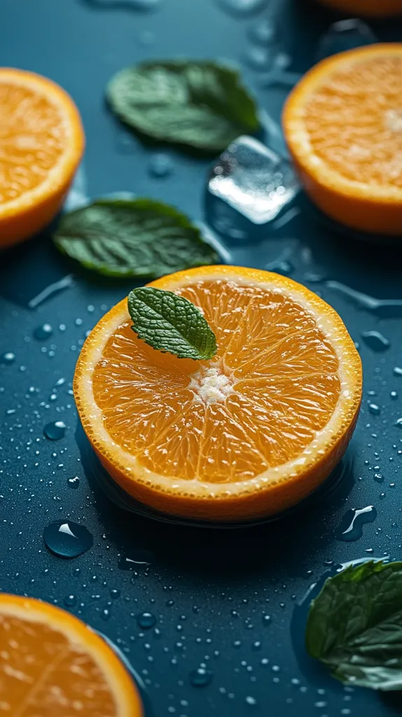 A close-up of orange slices on a dark blue surface with water droplets and a sprig of mint. The oranges are juicy and bright, with their segments clearly visible. The image conveys a sense of freshness and vitality.  The mint leaves add a touch of color and texture to the composition.