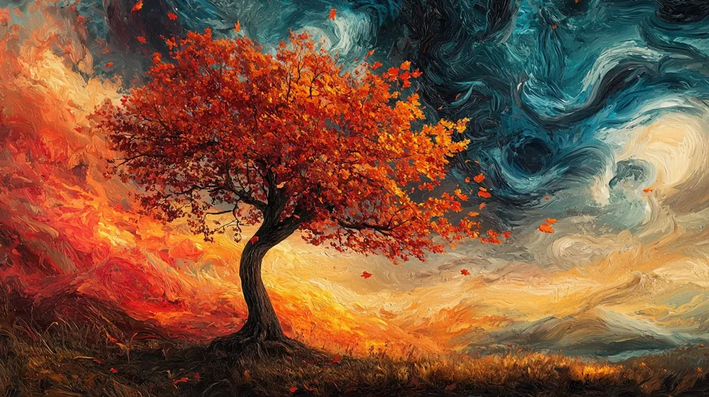 The image is a painting of a solitary tree with orange leaves against a dramatic, swirling background of orange, yellow, blue, and white. The tree stands in the foreground, its branches reaching out towards the sky. The background is a chaotic mix of colors, creating a sense of movement and energy. The painting evokes a feeling of autumn and the changing seasons.
