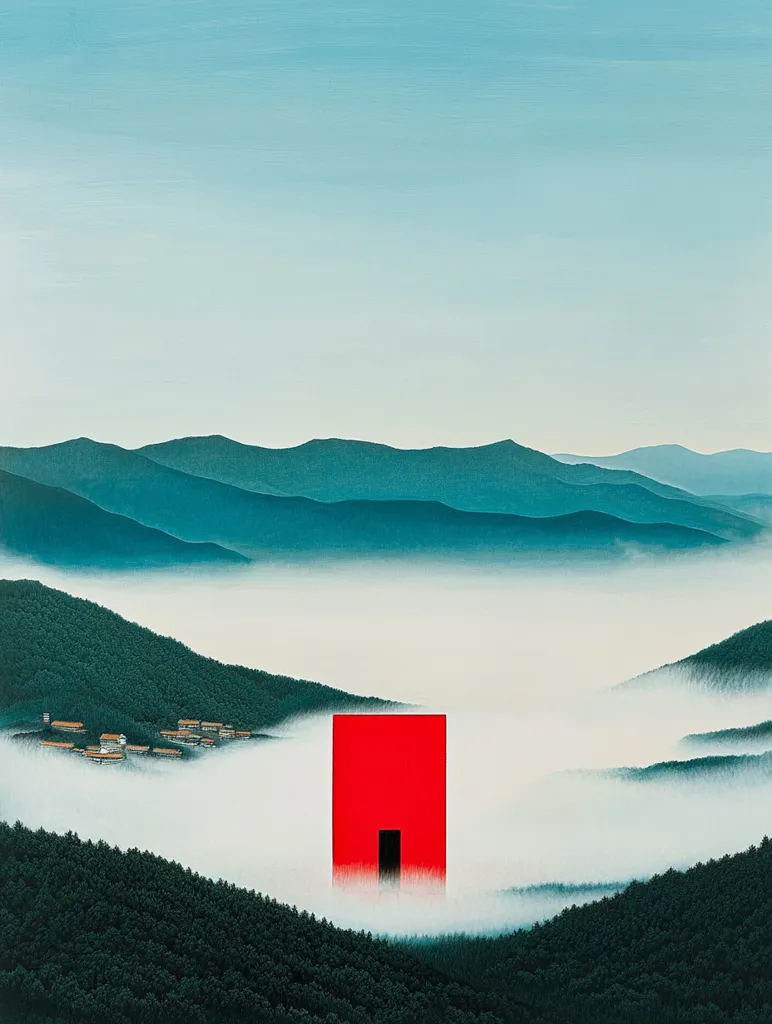 A single, vibrant red building stands out in a landscape of rolling green hills and white fog. The building is a simple rectangle with a black doorway, contrasting sharply with the soft, ethereal background. The scene is a minimalist portrayal of nature and architecture, with a sense of mystery and contemplation.  The soft blue sky adds to the tranquil atmosphere.
