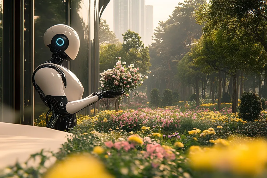 A white and black humanoid robot stands in a lush green garden, holding a bouquet of pink flowers. The robot is positioned next to a large glass building, while tall trees and a city skyline can be seen in the distance. The garden is filled with a variety of colorful flowers, creating a vibrant and peaceful scene. The robot's presence adds a touch of futuristic technology to the natural beauty of the surroundings.  The overall tone of the image is one of harmony and serenity, as the robot interacts with nature in a seemingly gentle and respectful way.