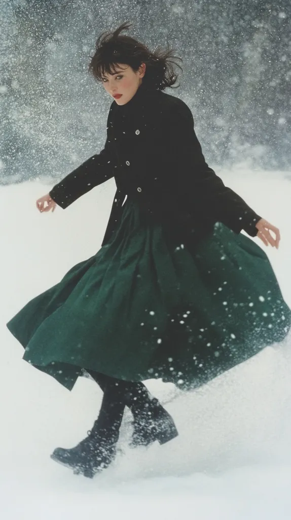 A young woman with dark hair and a black coat walks through a snowy field. She wears a long green skirt that flows around her. The snow falls around her as she walks, creating a dreamy and ethereal atmosphere. The woman's expression is thoughtful, and her gaze is directed downwards. The image is a beautiful and evocative portrayal of winter and its tranquility.