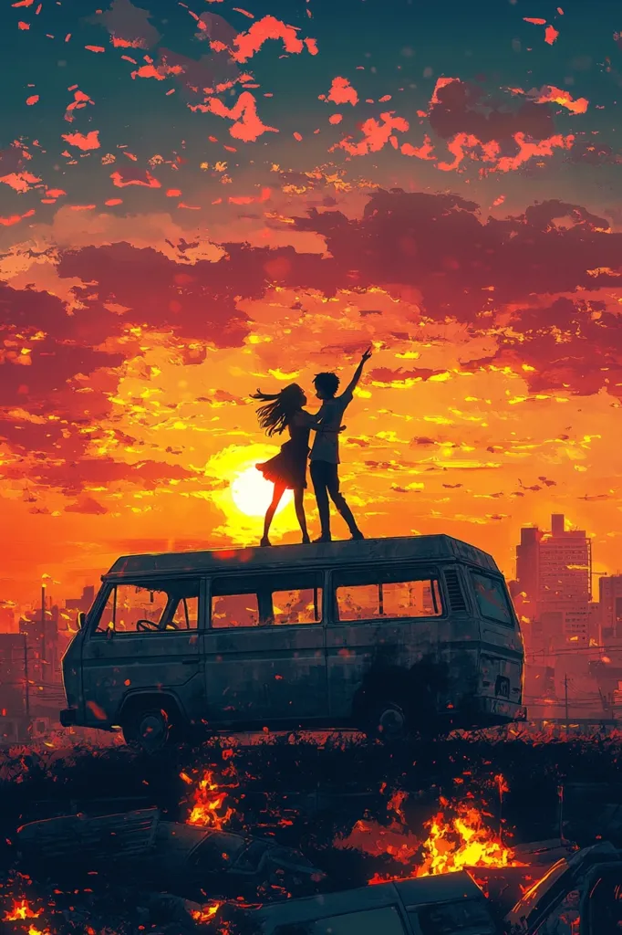 A silhouette of a couple stands on top of a van against a vibrant orange sunset. The van is parked on top of a pile of burning car wreckage, with a cityscape in the background. The scene suggests a post-apocalyptic setting, with the couple's presence adding a touch of hope and resilience amidst the destruction. The setting sun casts a warm glow over the scene, creating a dramatic and captivating atmosphere.