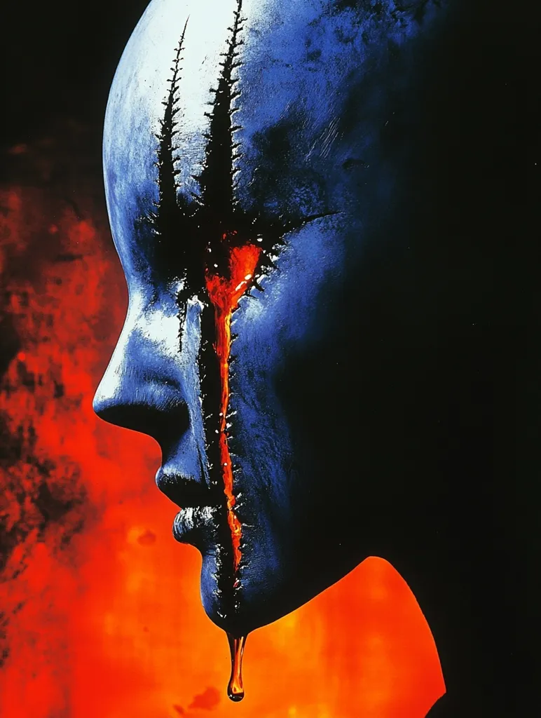 The image is a close-up of a person's face, painted blue with a jagged, black line running down the middle, resembling stitches.  A bright red liquid, reminiscent of blood, is dripping from the line, highlighting the dramatic and eerie nature of the image. The background is a blurred orange, suggesting fire or intense heat.  The overall atmosphere is unsettling and suggestive of pain and suffering.