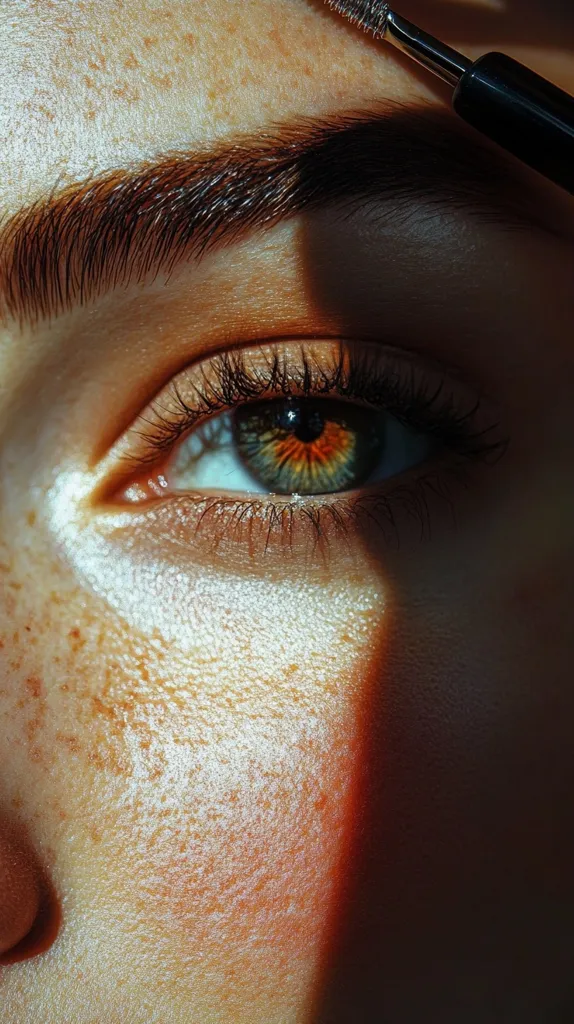 A close-up shot of a woman's eye, focusing on the intricate details of her iris, a mix of green and orange. The sunlight casts a sharp shadow across her face, illuminating her freckles and the soft, delicate skin around her eye.  The eyebrow is perfectly arched, adding to the overall beauty of the image.  A brow brush lies across the top of the frame, adding a touch of artistry to the composition.