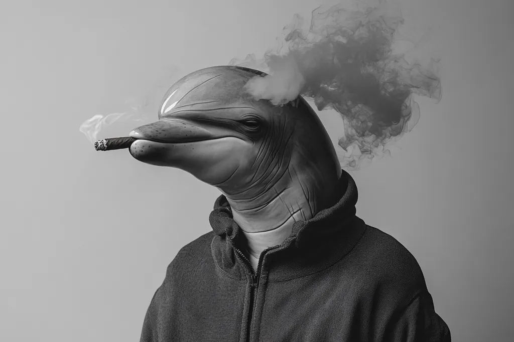 A black and white image of a dolphin with a human body wearing a hoodie. The dolphin is smoking a cigar and has a plume of smoke coming from its mouth. The image is a humorous juxtaposition of a marine animal with human characteristics. The background is a plain white wall.