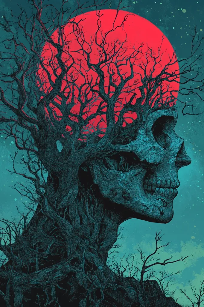 The image depicts a skeletal head with a large tree growing out of it. The tree branches form the skull's features, and the skull's mouth is open, revealing teeth.  A large red moon fills the space behind the head, creating a striking contrast with the dark blue background. The intricate details of the tree and skull create a sense of otherworldly beauty.  The image evokes a sense of mystery and the cycle of life and death.