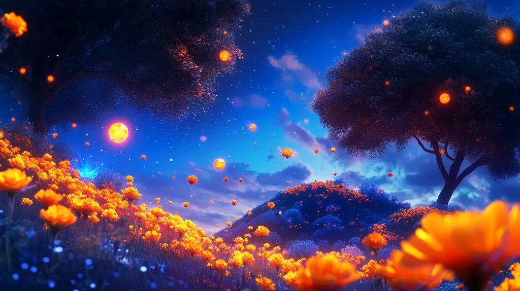 A field of vibrant orange flowers blossoms under a starry night sky.  The sky is a deep blue, with a bright orange moon and other glowing orbs floating overhead.  A silhouette of a dark tree stands against the sky.  The image evokes a feeling of wonder and enchantment.