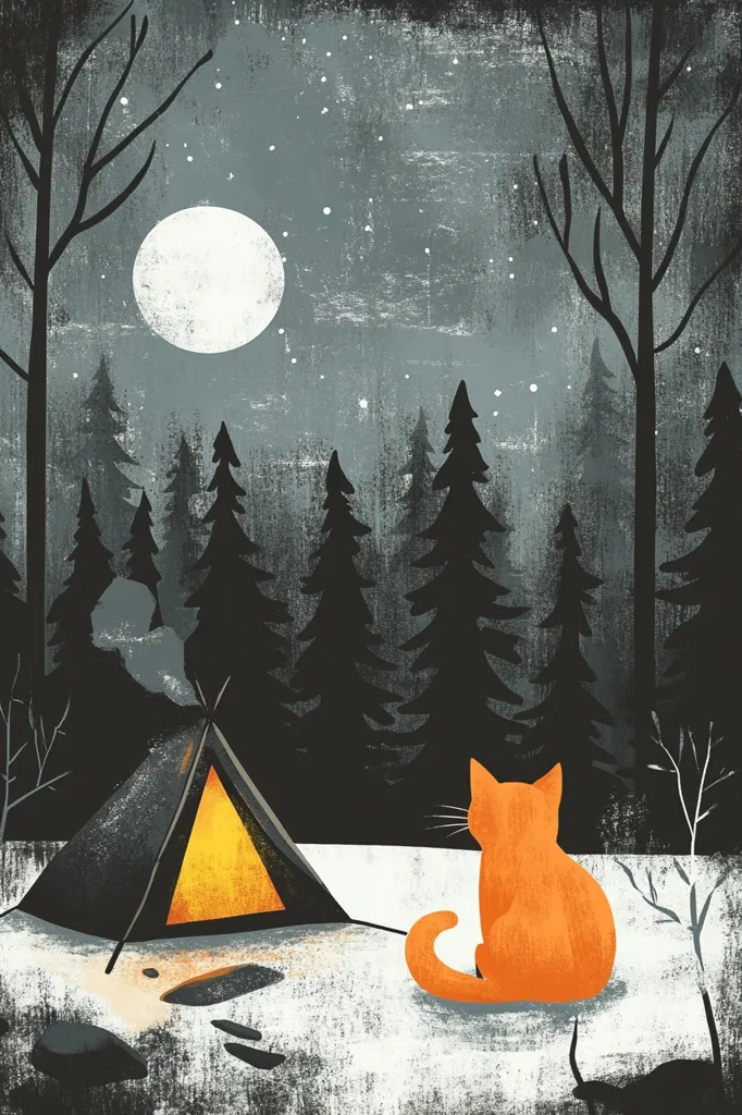 A lone orange cat sits in the snow, gazing at a glowing tent pitched in a snowy forest. The moon shines brightly in the night sky, illuminating the scene with its ethereal glow. The trees stand tall and dark, their branches reaching towards the heavens. The air is crisp and cold, but the cat seems content, warming himself by the heat radiating from the tent.  The image is painted in a simple, minimalist style, with bold colors and stark contrasts.