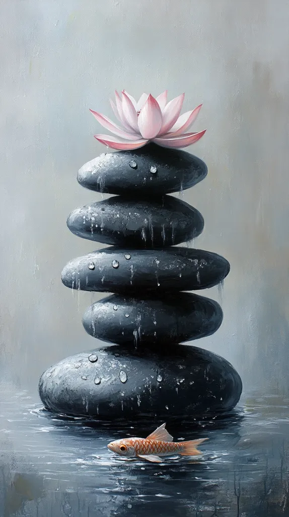 A zen-inspired painting depicting a stack of five smooth, gray stones with a delicate pink water lily resting on the top. Water droplets adorn the stones, creating a sense of serenity. A small orange fish swims beneath the stones, adding a touch of vibrant life to the tranquil scene. The overall mood is one of calmness and balance.