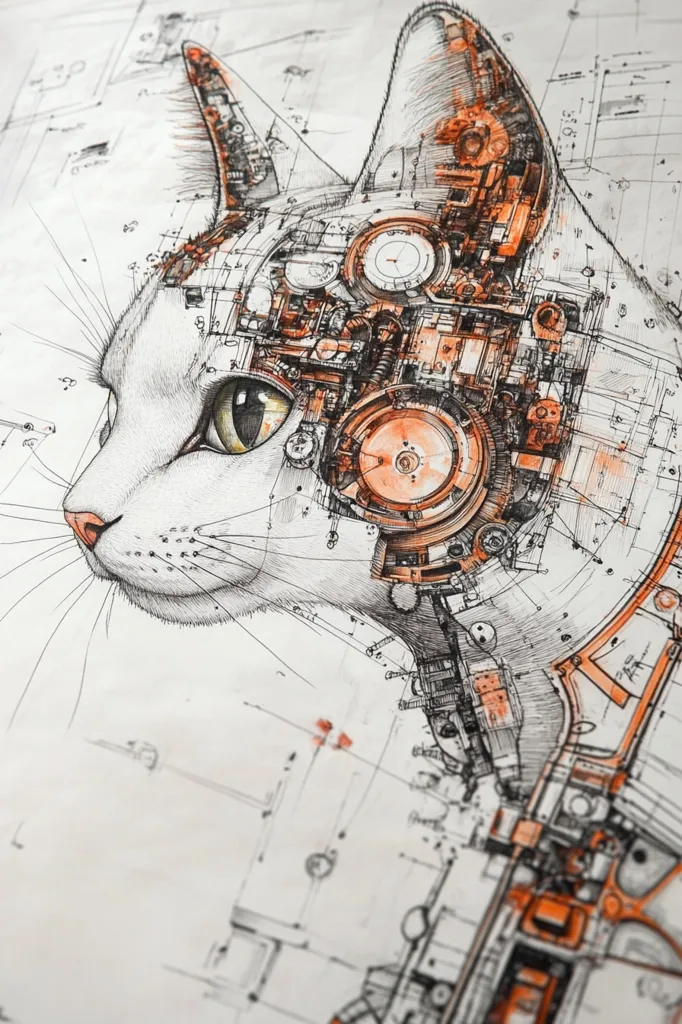 The image is a detailed pen and ink drawing of a cat's head, with its fur rendered in a realistic style. The cat's head is depicted as a complex machine, with intricate gears, pipes, and other mechanical elements. The drawing is set against a background of a blueprint, adding to the industrial theme. The overall effect is one of both beauty and complexity, suggesting that the artist sees the cat as a marvel of engineering. The use of shading and detail makes the drawing appear incredibly realistic, while the intricate mechanical elements add a layer of intrigue. The image invites the viewer to explore the inner workings of the cat's head, as if it were a complex machine.