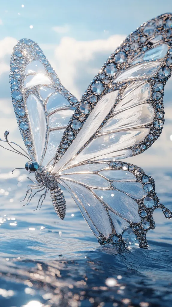 A delicate, crystalline butterfly with wings adorned with sparkling gemstones rests its wings on the surface of a calm, blue ocean. The sunlight reflects off the water and the butterfly, creating a mesmerizing effect. The scene conveys a sense of ethereal beauty and wonder.