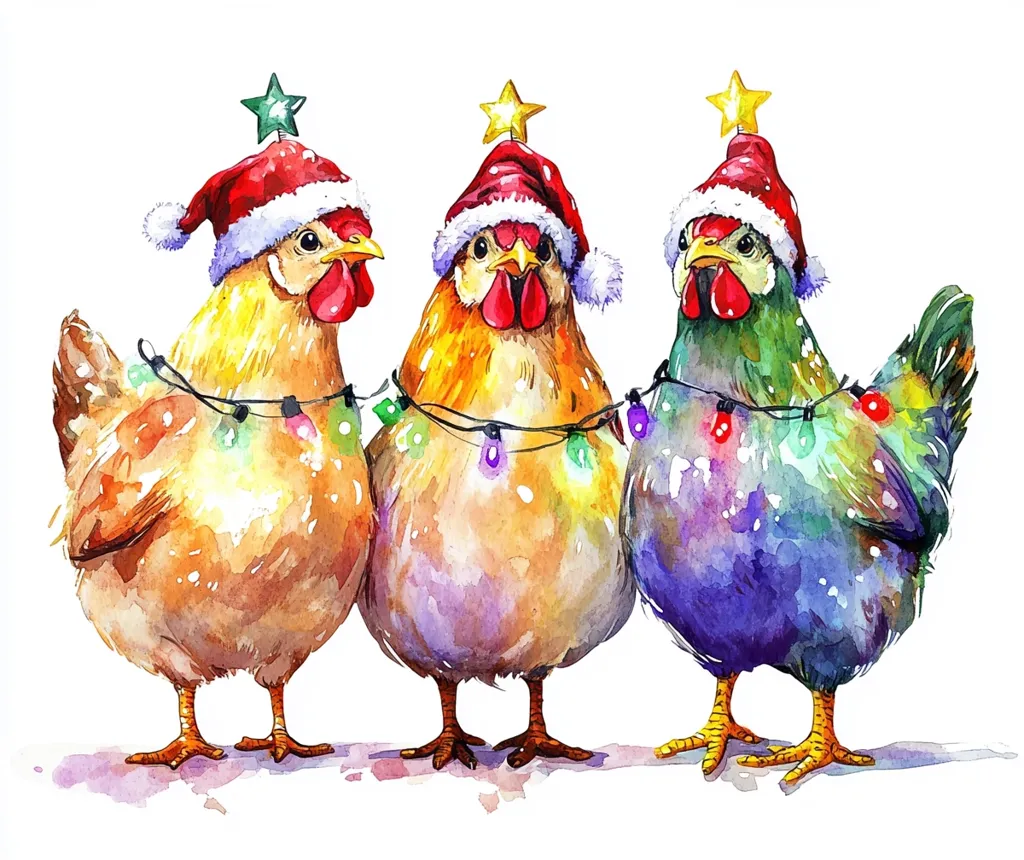 Three chickens, each wearing a Santa hat with a star on top, are standing in a row. They are adorned with Christmas lights strung around their necks. The chickens have different colored feathers, one is brown, one is orange, and one is blue and green. They are all looking at the viewer with curious expressions. The image is painted in a watercolor style, giving it a festive and whimsical feel.